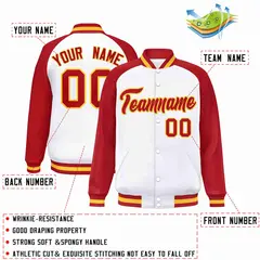 White Red-Gold Raglan Varsity Letterman Full-Snap Jacket 2