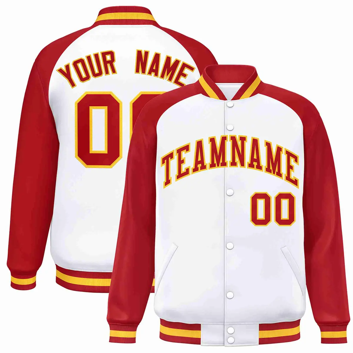 White Red-Gold Raglan Varsity Letterman Full-Snap Jacket