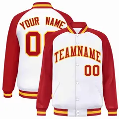 White Red-Gold Raglan Varsity Letterman Full-Snap Jacket 1