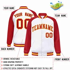 White Red-Gold Raglan Varsity Letterman Full-Snap Jacket 2