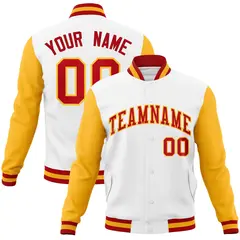 White Red-Gold Raglan Varsity Letterman Full-Snap Jacket