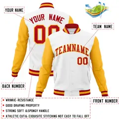 White Red-Gold Raglan Varsity Letterman Full-Snap Jacket 4