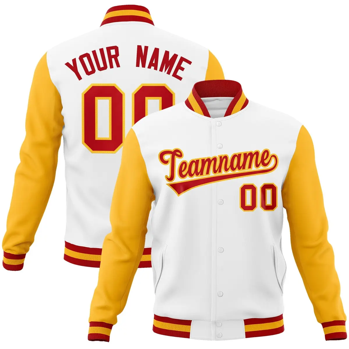 White Red-Gold Raglan Varsity Letterman Full-Snap Jacket