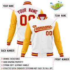 White Red-Gold Raglan Varsity Letterman Full-Snap Jacket 4