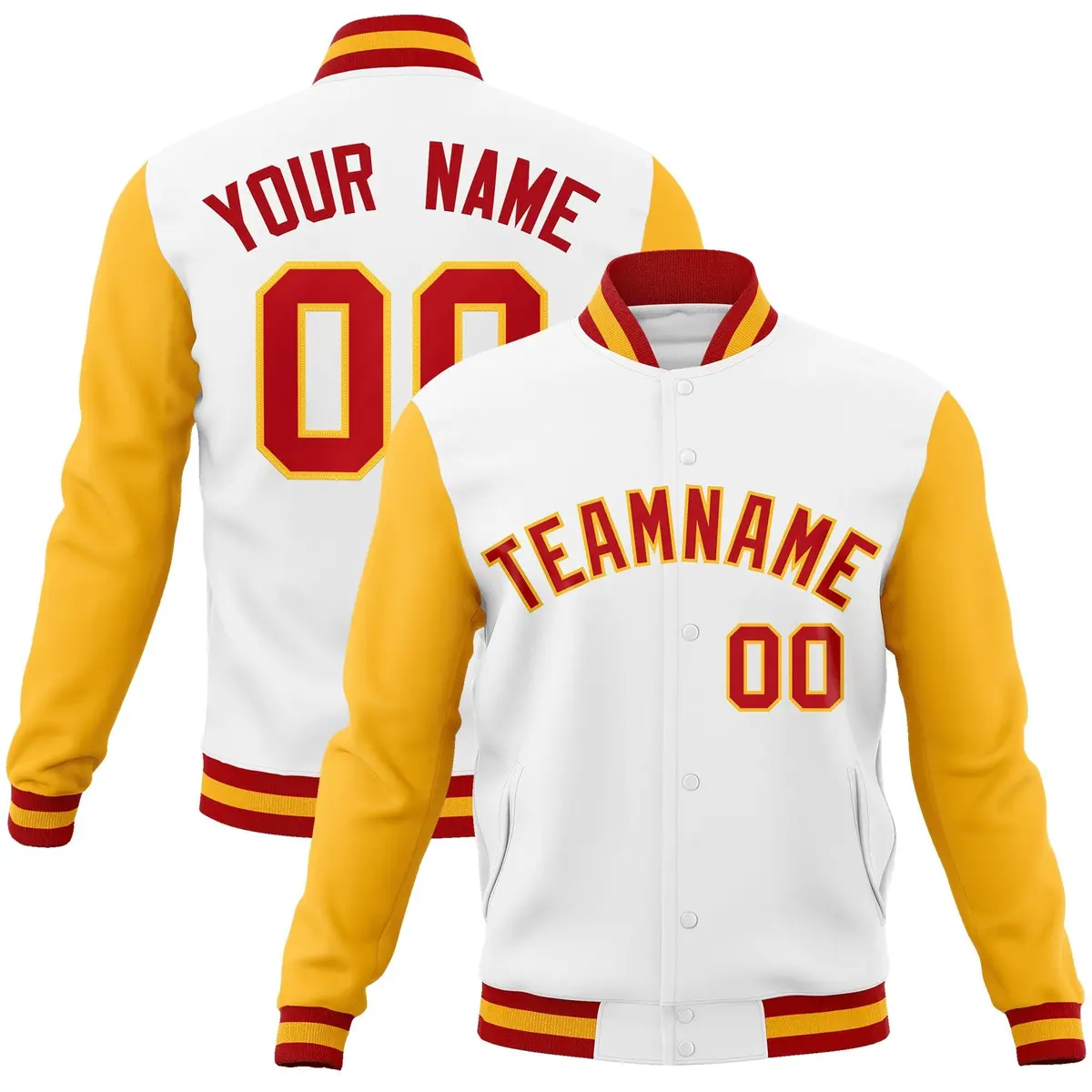White Red-Gold Raglan Varsity Letterman Full-Snap Jacket
