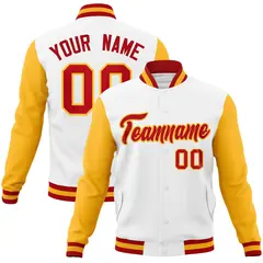 White Red-Gold Raglan Varsity Letterman Full-Snap Jacket