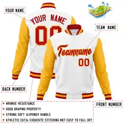 White Red-Gold Raglan Varsity Letterman Full-Snap Jacket 4