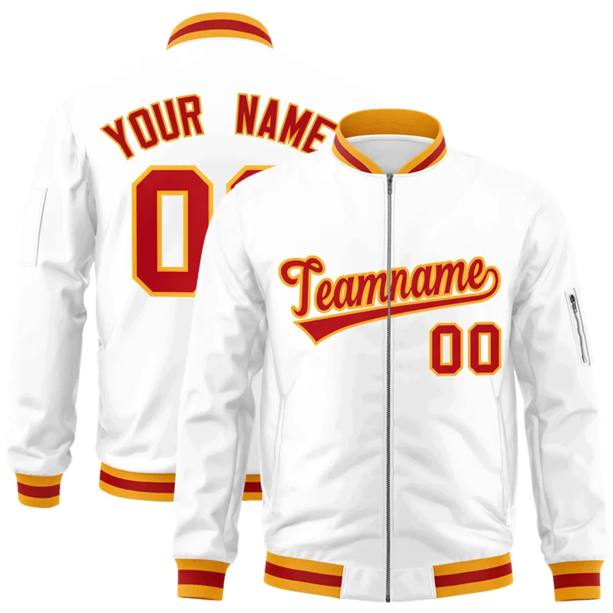 White Red-Gold Varsity Full-Zip Letterman Bomber Jacket