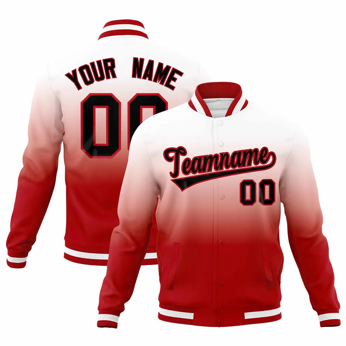 White Red Gradient Full-Snap Varsity Letterman Jacket