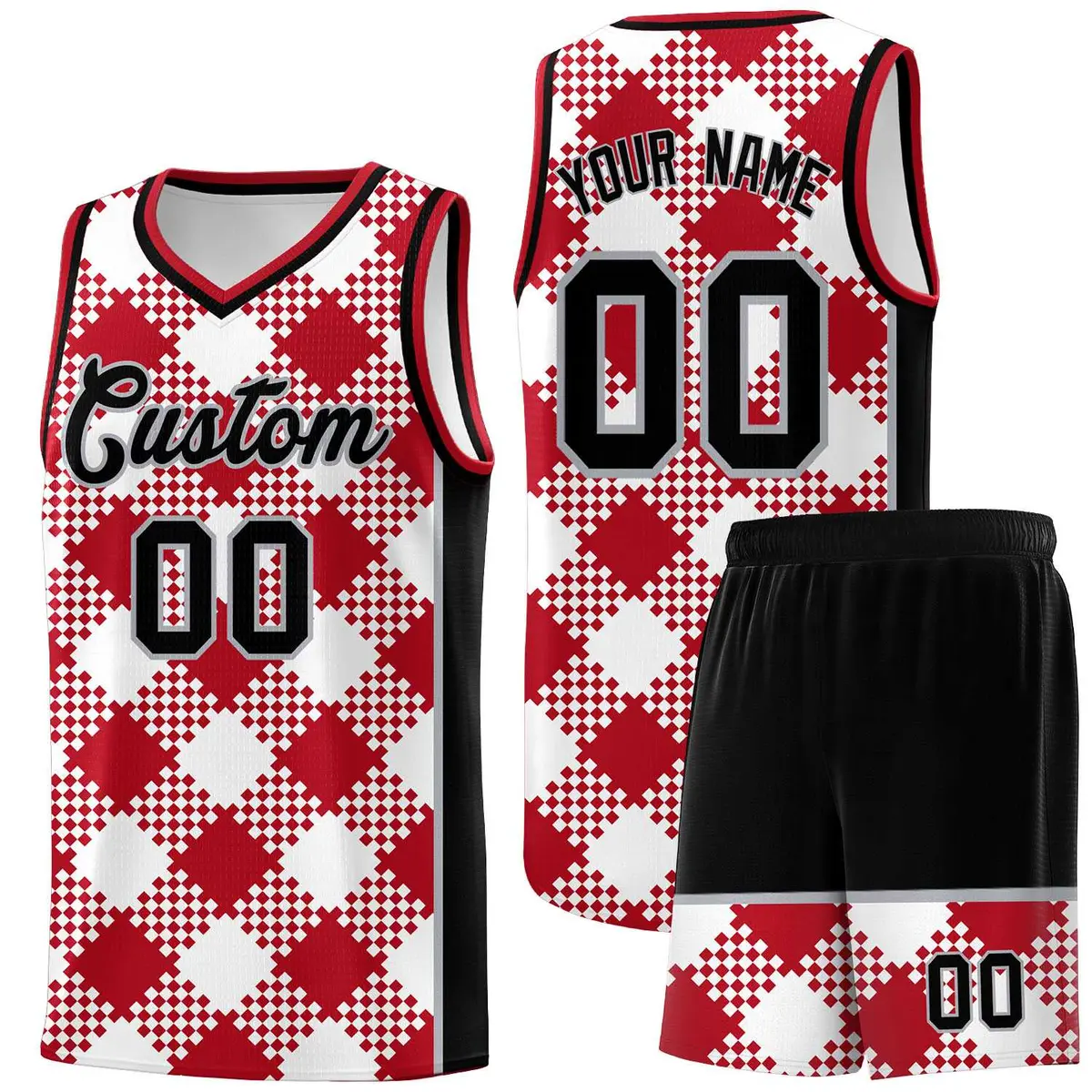 White Red-Gray Grid Basketball Kits For Team