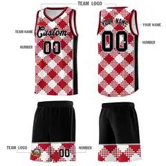 White Red-Gray Grid Basketball Kits For Team 5