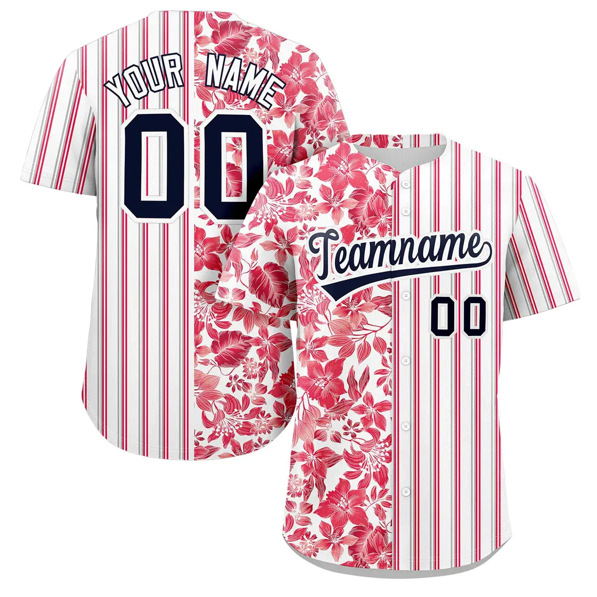 White Red-Gray Hawaii Tropical Flower Stripe Baseball Jersey
