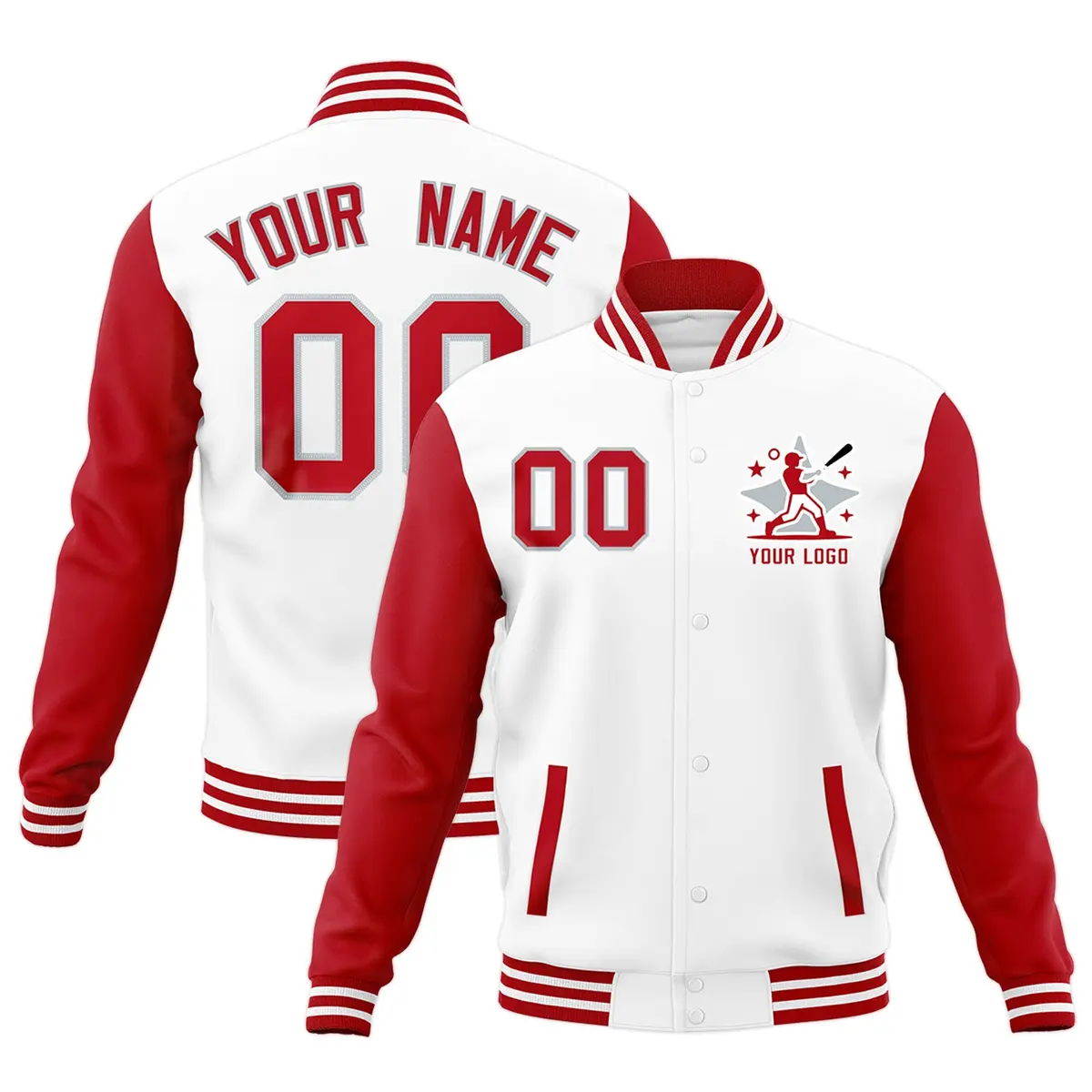 White Red Gray Raglan Sleeves Full-Snap Letterman Cotton Jacket