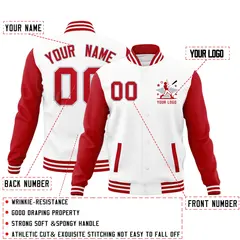 White Red Gray Raglan Sleeves Full-Snap Letterman Cotton Jacket 2