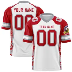 White Red-Gray Raglan Sleeves Side Pattern Football Jersey