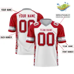 White Red-Gray Raglan Sleeves Side Pattern Football Jersey 2