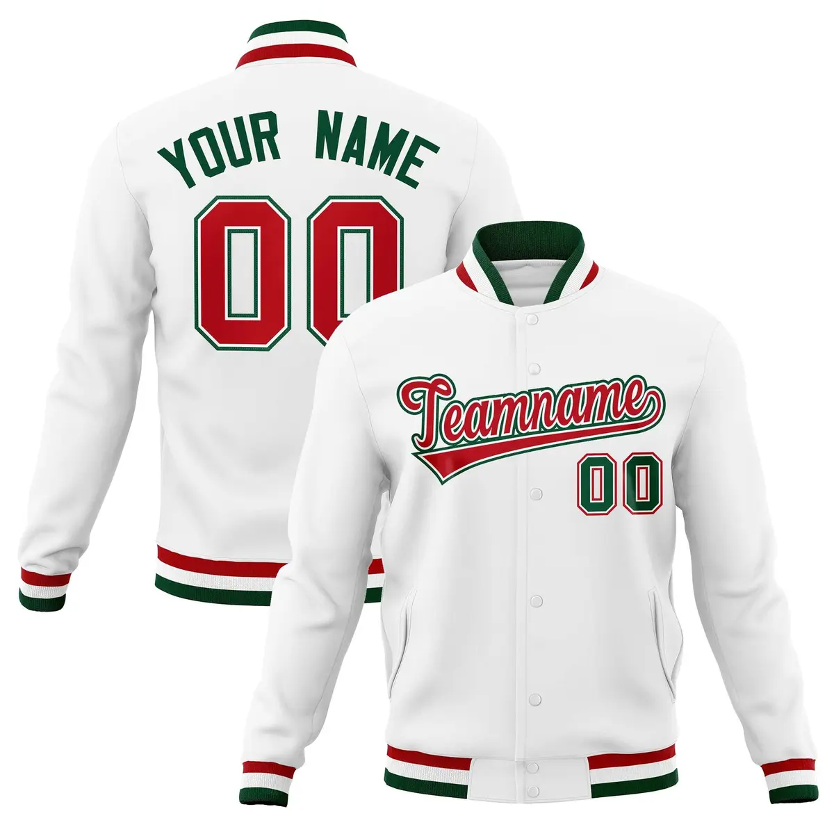 White Red-Green Classic Varsity Full-Snap Letterman Jacket