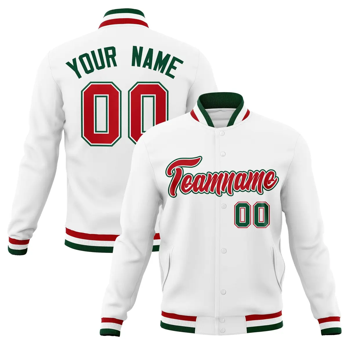 White Red-Green Classic Varsity Full-Snap Letterman Jacket