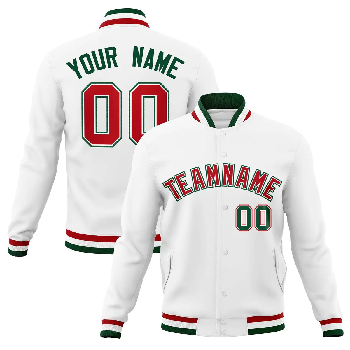 White Red-Green Classic Varsity Full-Snap Letterman Jacket