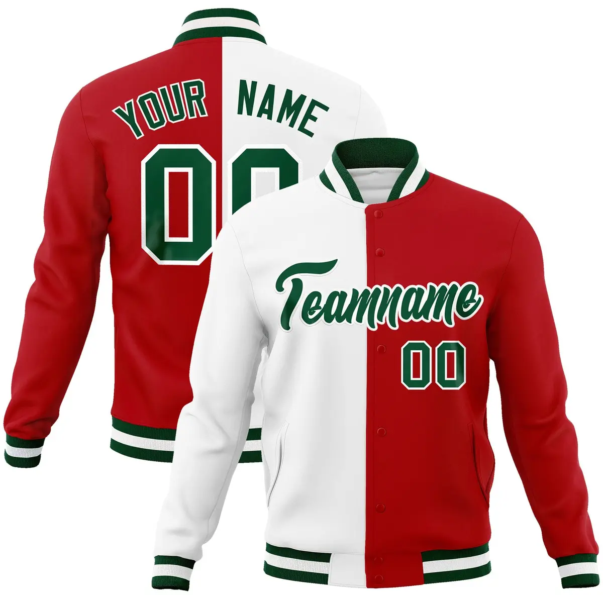 White Red-Green Two Tone Split Varsity Full-Snap Letterman Jacket