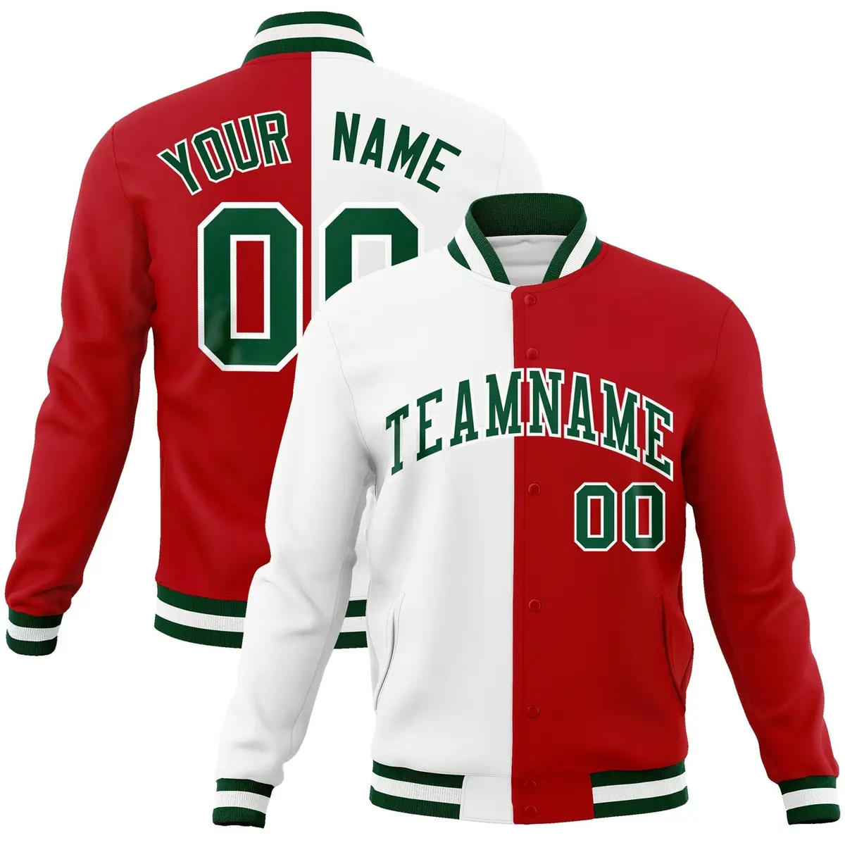 White Red-Green Two Tone Split Varsity Full-Snap Letterman Jacket
