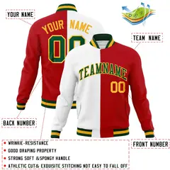 White Red-Green Two Tone Split Varsity Full-Snap Letterman Jacket 4