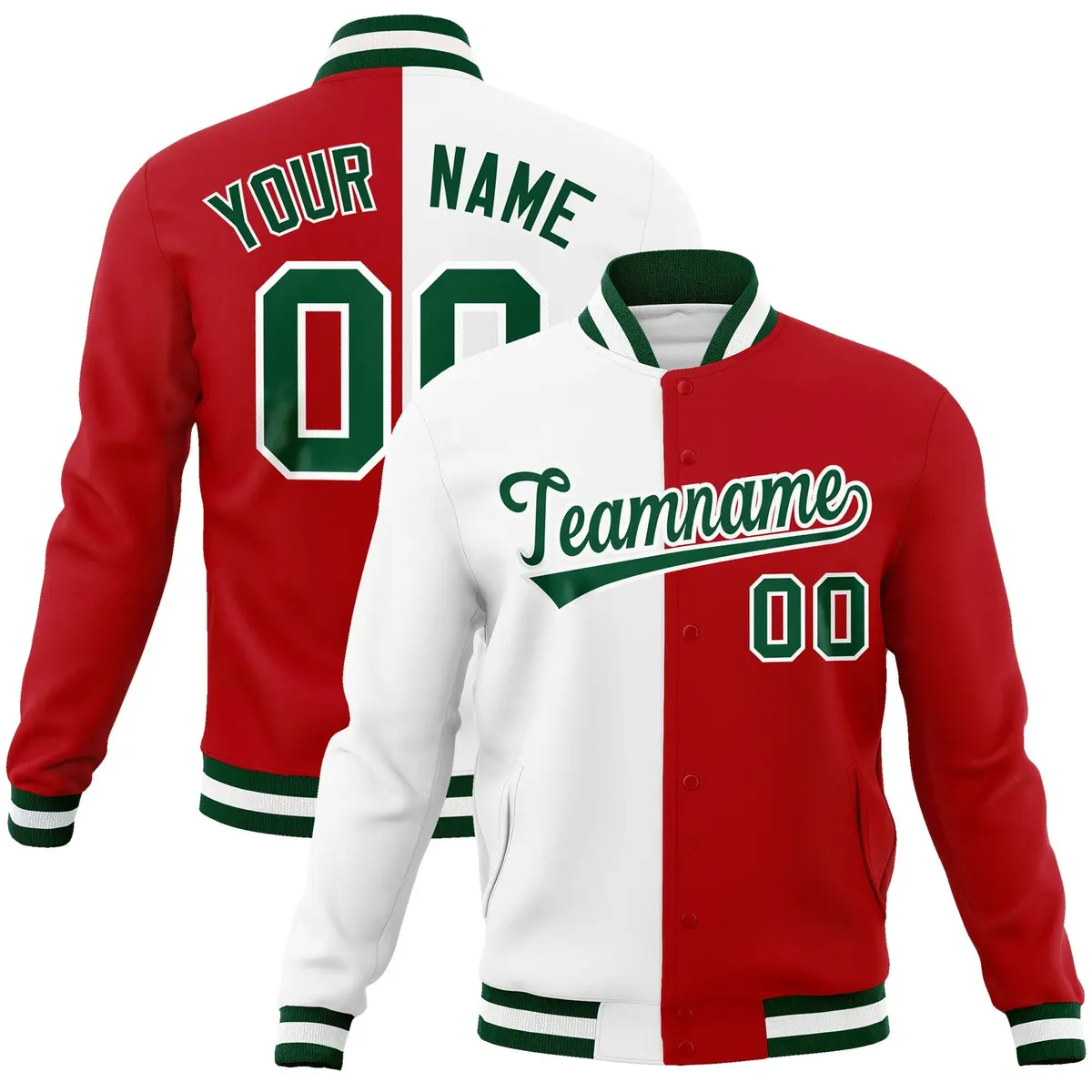 White Red-Green Two Tone Split Varsity Full-Snap Letterman Jacket