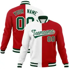 White Red-Green Two Tone Split Varsity Full-Snap Letterman Jacket