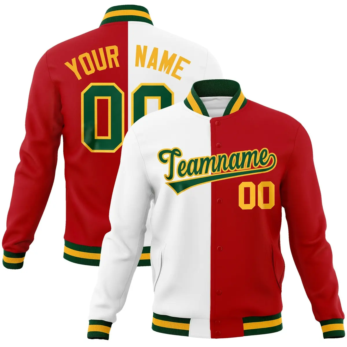White Red-Green Two Tone Split Varsity Full-Snap Letterman Jacket