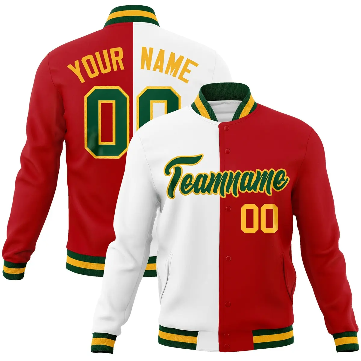 White Red-Green Two Tone Split Varsity Full-Snap Letterman Jacket