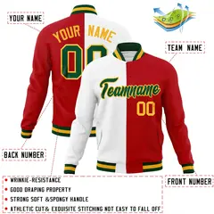 White Red-Green Two Tone Split Varsity Full-Snap Letterman Jacket 4