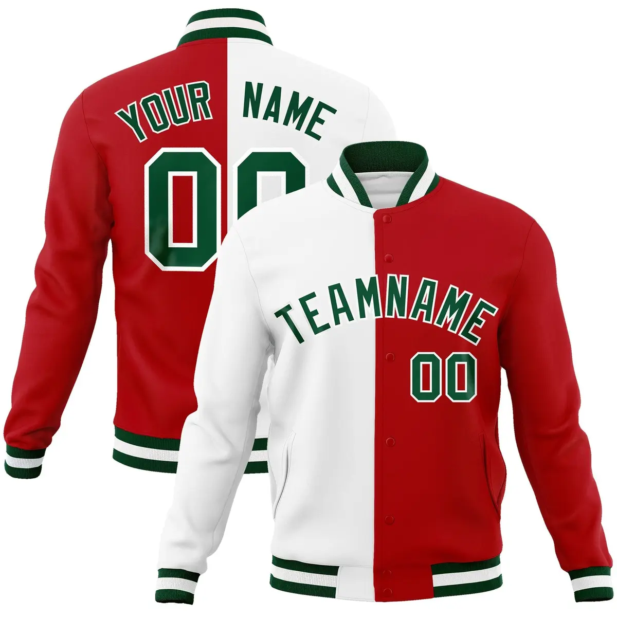 White Red-Green Two Tone Split Varsity Full-Snap Letterman Jacket