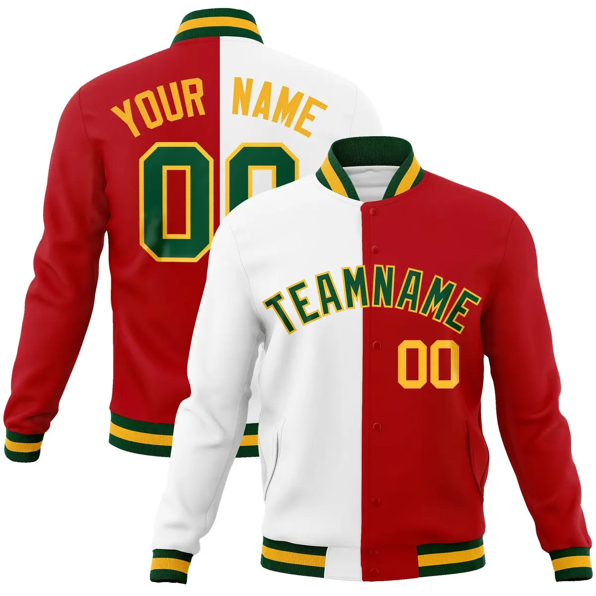 White Red-Green Two Tone Split Varsity Full-Snap Letterman Jacket