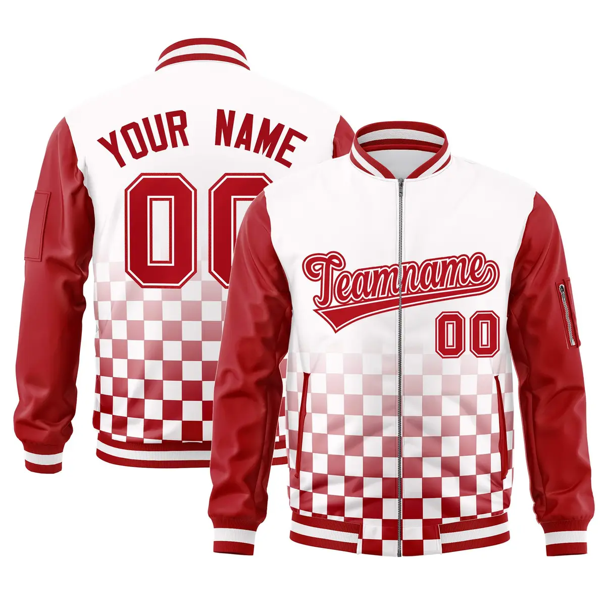 White Red Grid Color Block Full-Zip Letterman Raglan Jacket