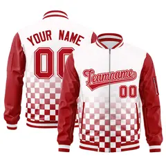 White Red Grid Color Block Full-Zip Letterman Raglan Jacket