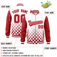 White Red Grid Color Block Full-Zip Letterman Raglan Jacket 2