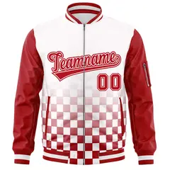 White Red Grid Color Block Full-Zip Letterman Raglan Jacket 3