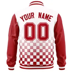 White Red Grid Color Block Full-Zip Letterman Raglan Jacket 4