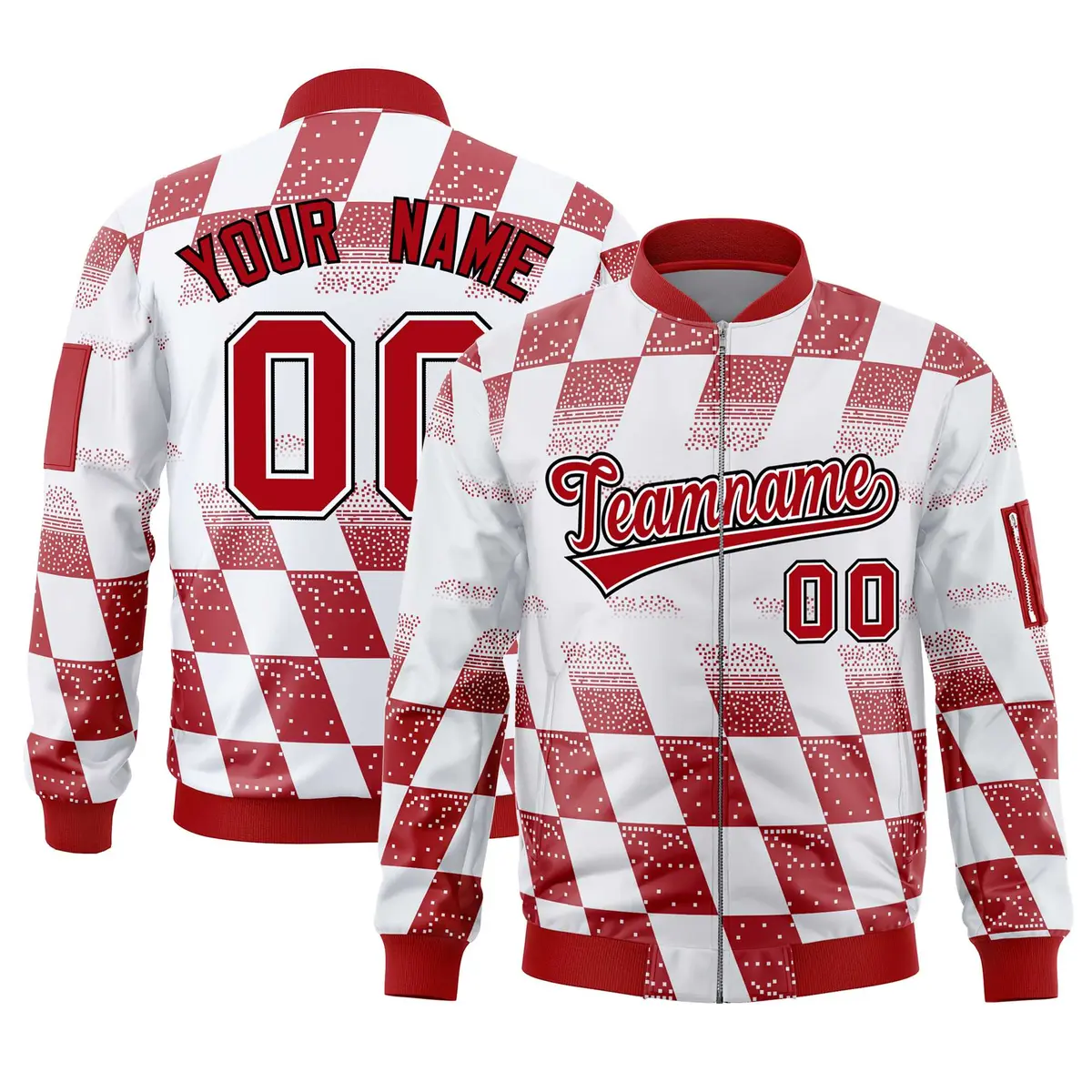 White Red Grid Color Block Letterman Varsity Bomber Jacket