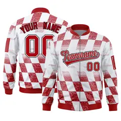 White Red Grid Color Block Letterman Varsity Bomber Jacket