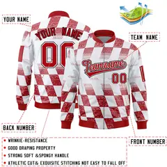 White Red Grid Color Block Letterman Varsity Bomber Jacket 2