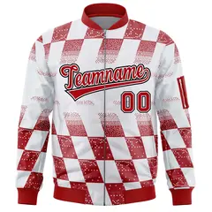 White Red Grid Color Block Letterman Varsity Bomber Jacket 3