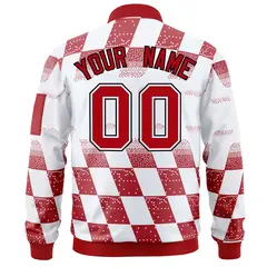 White Red Grid Color Block Letterman Varsity Bomber Jacket 4