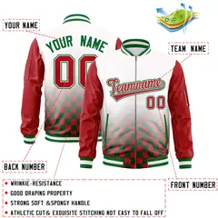 White Red-Kelly Green Grid Color Block Letterman Raglan Jacket 2