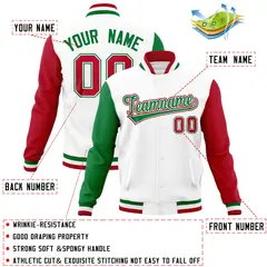 White Red-Kelly Green Raglan Full-Snap Varsity Letterman Jacket 4