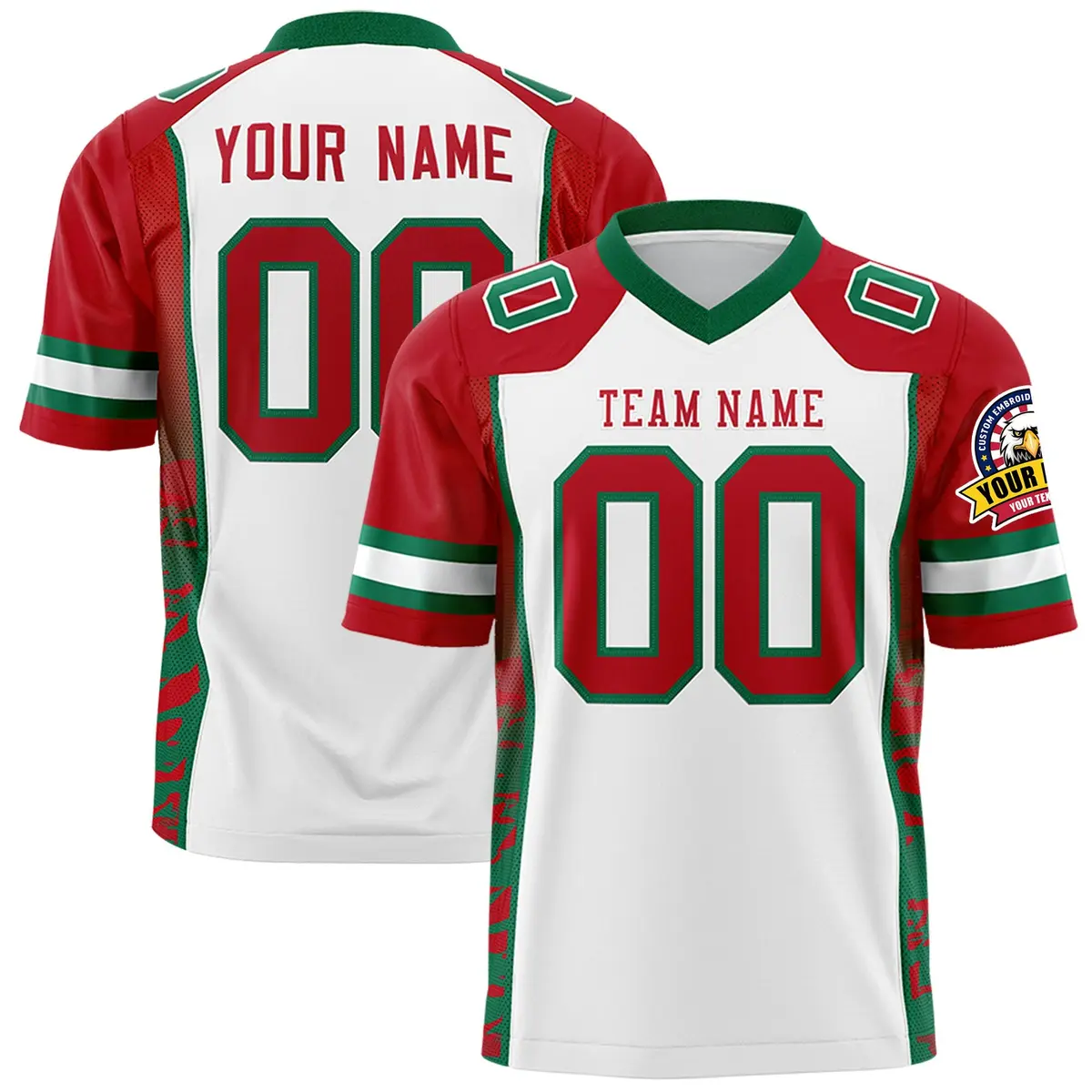 White Red-Kelly Green Raglan Side Pattern Football Jersey