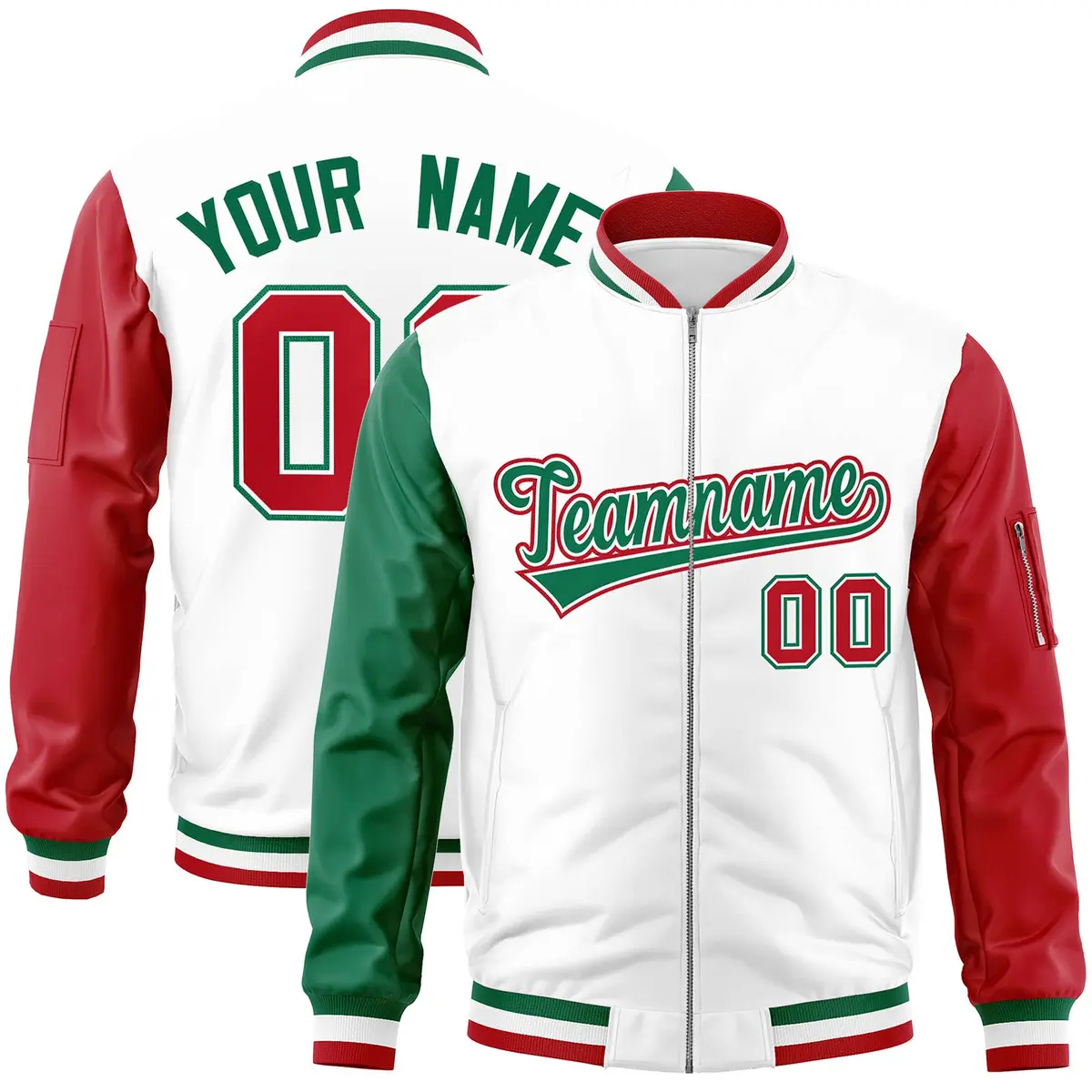 White Red-Kelly Green Raglan Sleeves Full-Zip Letterman Bomber Jacket