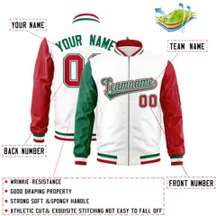 White Red-Kelly Green Raglan Sleeves Full-Zip Letterman Bomber Jacket 2