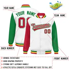 White Red-Kelly Green Raglan Varsity Letterman Baseball Jacket 2