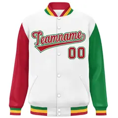 White Red-Kelly Green Raglan Varsity Letterman Baseball Jacket 3